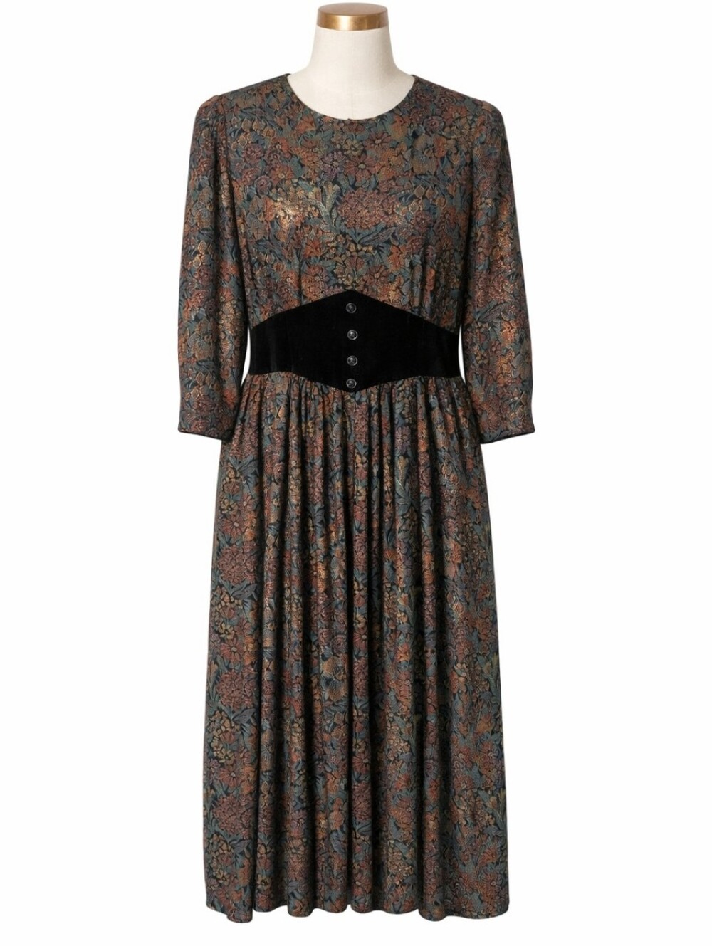 Vintage 80's, 90"S Prairie Floral Suede Waist Clincher Maxi Dress Made In USA XL